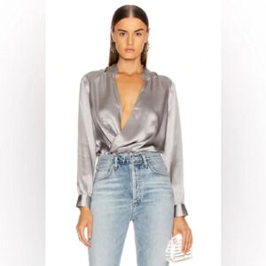 L’AGANCE Marcella Grey Long Sleeve 100% Silk Bodysuit Womens Size S
